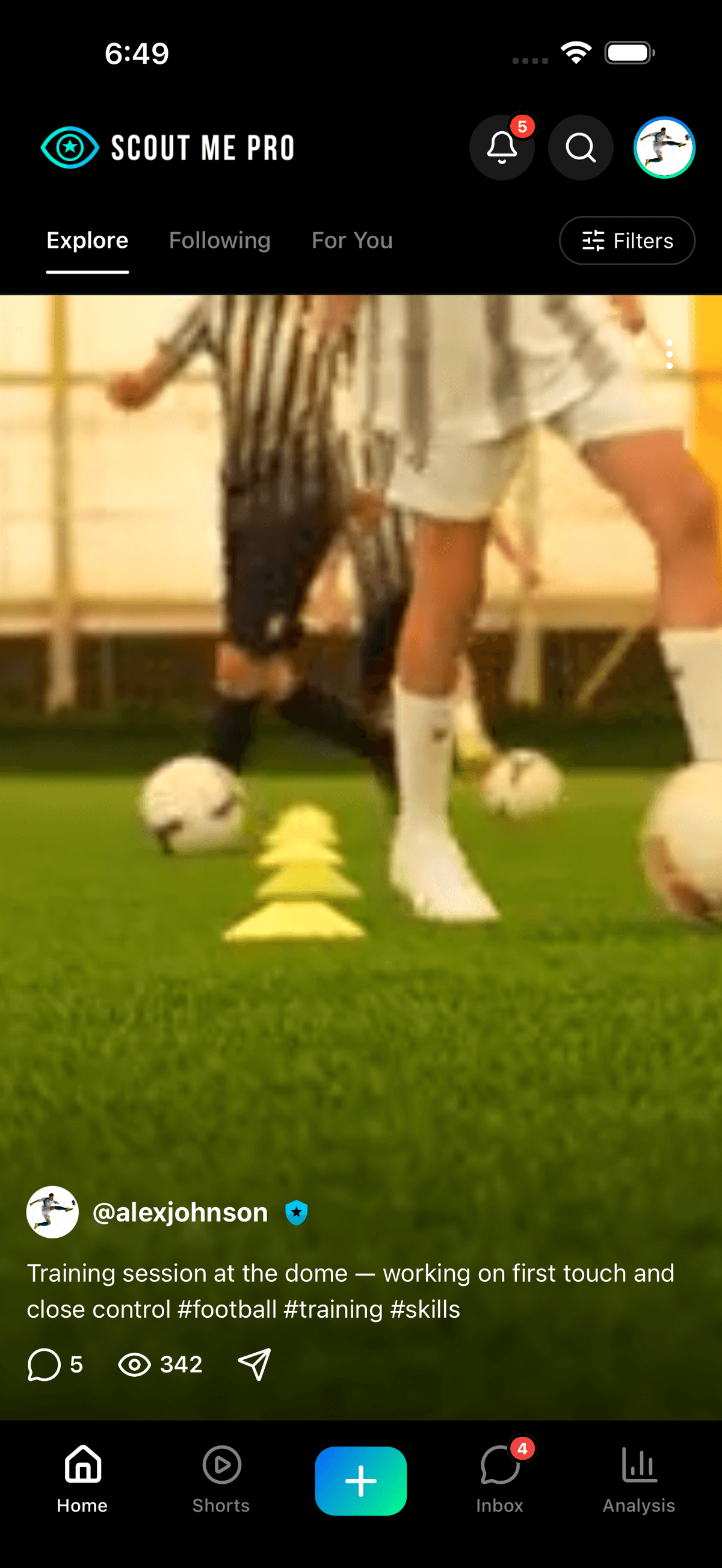 Scout Me Pro app homepage showing football scouting feed