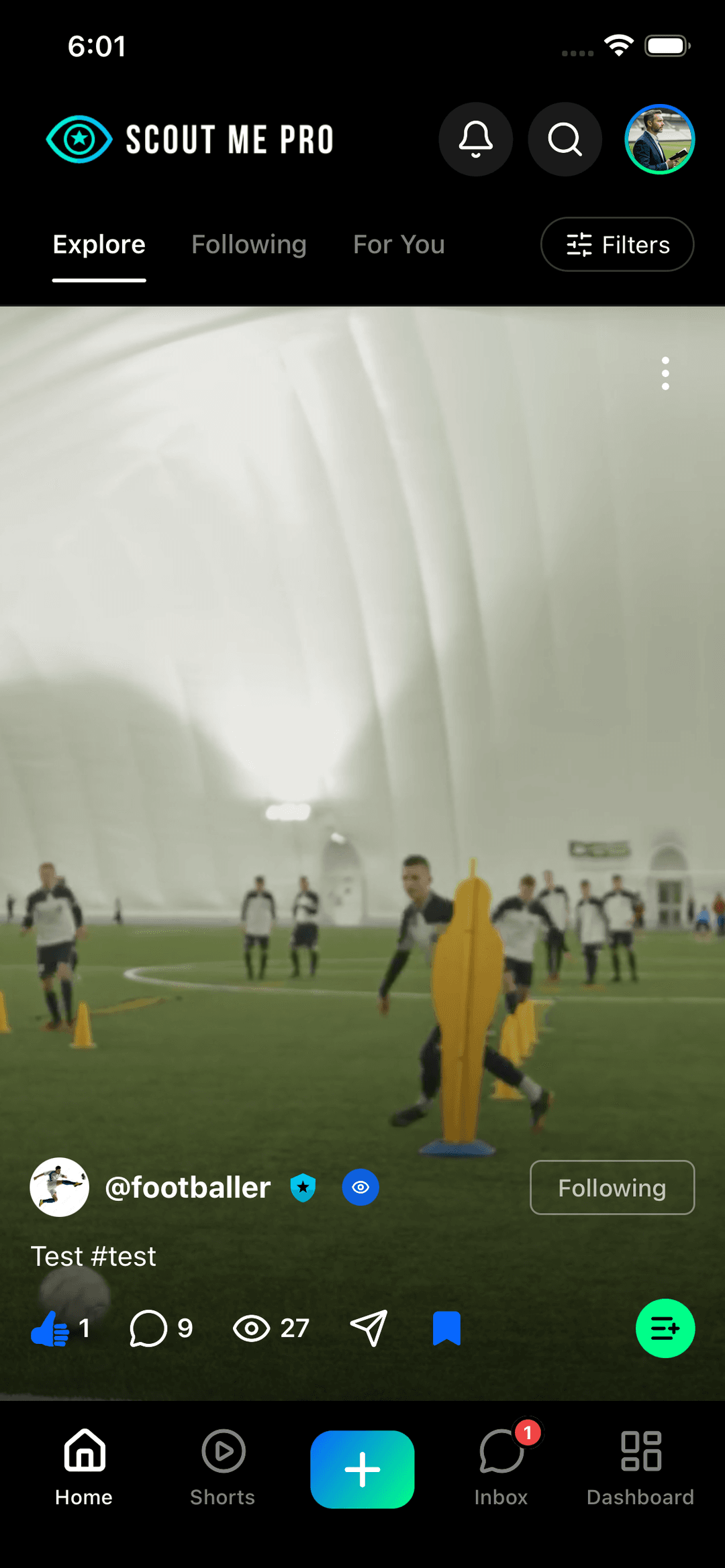 Scout Me Pro discovery feed showing footballer video highlights for scout review